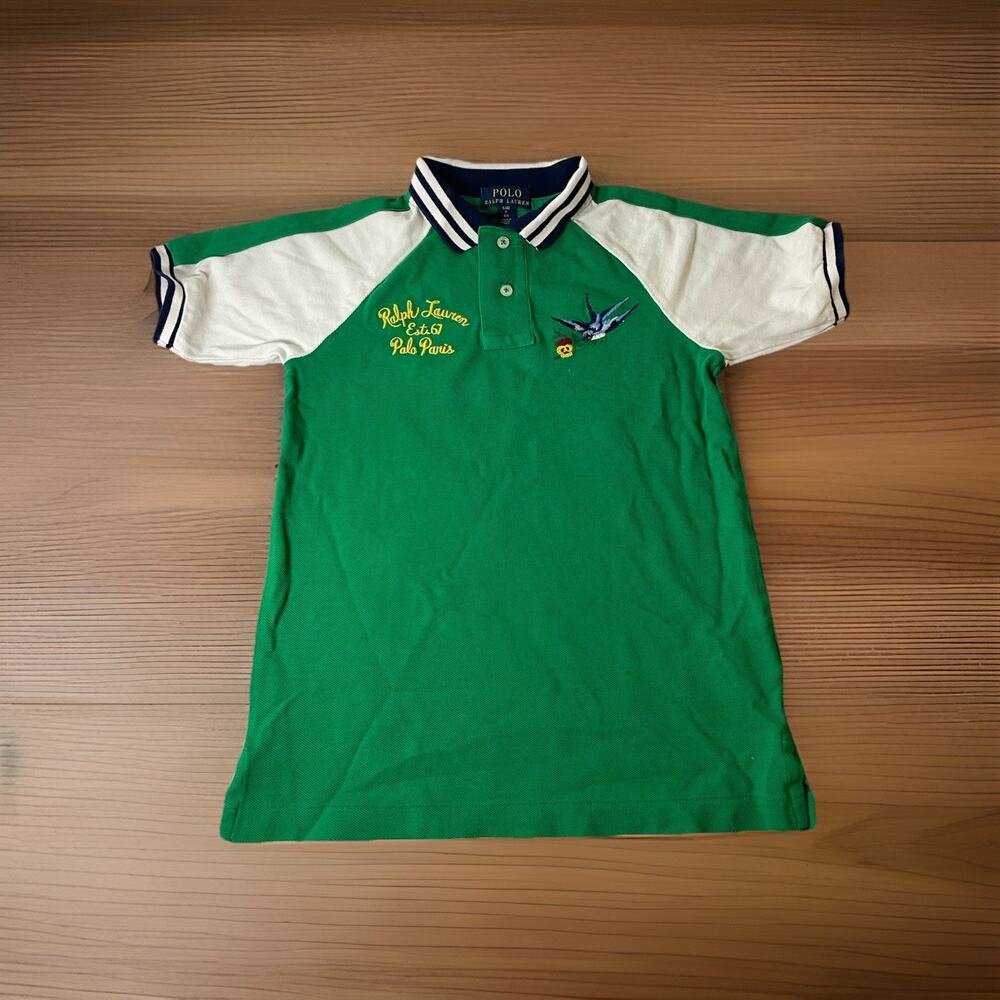 Polo Ralph Lauren Boys S (8) Paris Embroidered Mesh Polo Shirt Green/White